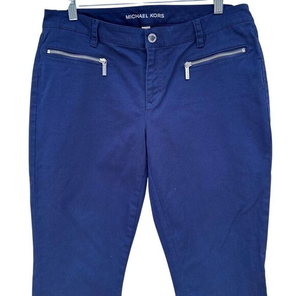 Michael Kors Chino Pants Women's Size 10 Navy Blue Stretch Zippered Pocket - Picture 2 of 12